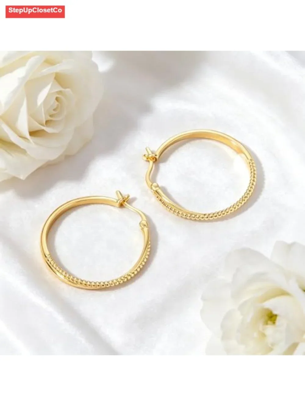 14K Gold Huggie Hoop Earrings Textured Beaded X-Shaped Lightweight 30mm for